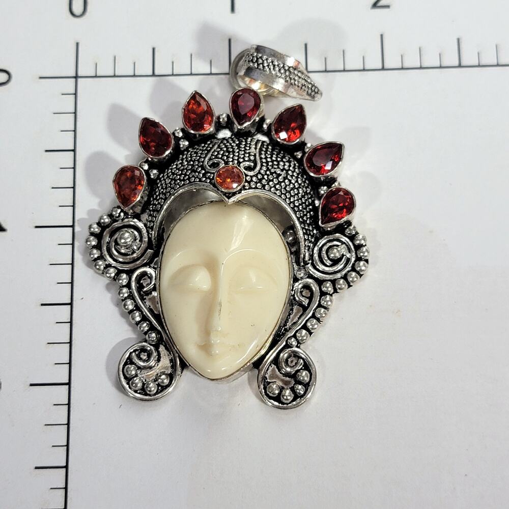 Goddess Pendant Carved Face Sterling Silver with Garnet - Picture 2 of 10